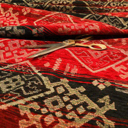 Bengal Kilim Aztec Pattern Collection In Soft Chenille Black Red Colour Upholstery Fabric CTR-290 - Made To Measure Curtains