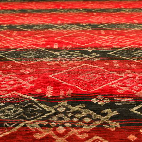 Bengal Kilim Aztec Pattern Collection In Soft Chenille Black Red Colour Upholstery Fabric CTR-290