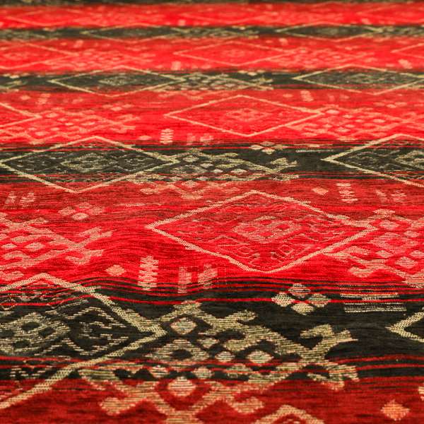 Bengal Kilim Aztec Pattern Collection In Soft Chenille Black Red Colour Upholstery Fabric CTR-290 - Made To Measure Curtains