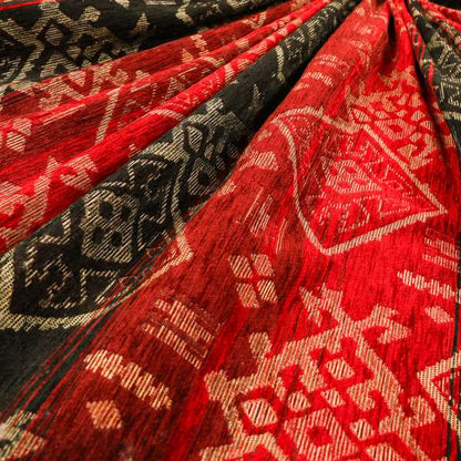 Bengal Kilim Aztec Pattern Collection In Soft Chenille Black Red Colour Upholstery Fabric CTR-290 - Made To Measure Curtains