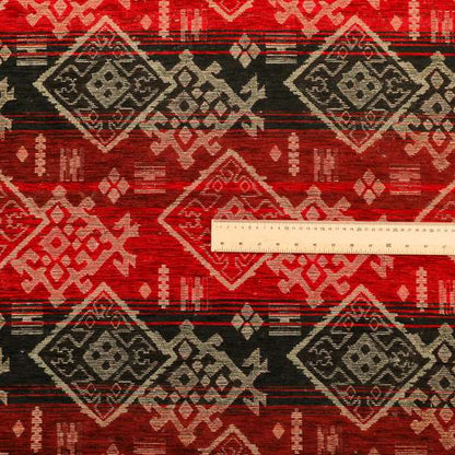 Bengal Kilim Aztec Pattern Collection In Soft Chenille Black Red Colour Upholstery Fabric CTR-290 - Handmade Cushions