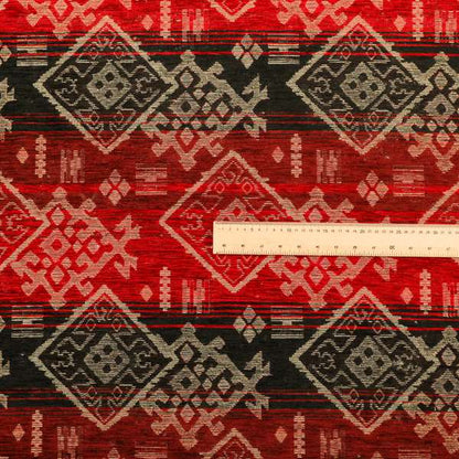 Bengal Kilim Aztec Pattern Collection In Soft Chenille Black Red Colour Upholstery Fabric CTR-290