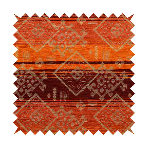 Bengal Kilim Aztec Pattern Collection In Soft Chenille Orange Burgundy Colour Upholstery Fabric CTR-292 - Made To Measure Curtains