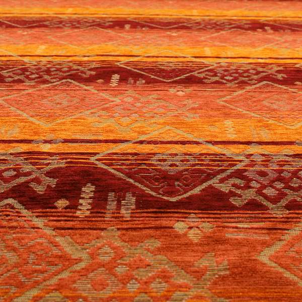 Bengal Kilim Aztec Pattern Collection In Soft Chenille Orange Burgundy Colour Upholstery Fabric CTR-292