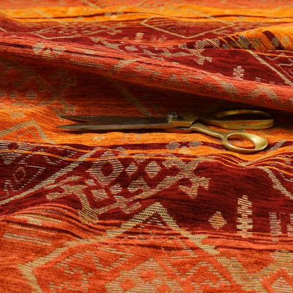 Bengal Kilim Aztec Pattern Collection In Soft Chenille Orange Burgundy Colour Upholstery Fabric CTR-292 - Roman Blinds