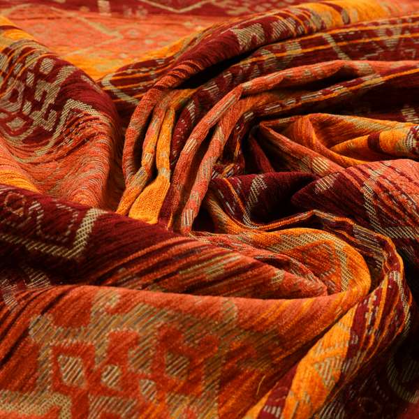 Bengal Kilim Aztec Pattern Collection In Soft Chenille Orange Burgundy Colour Upholstery Fabric CTR-292 - Made To Measure Curtains