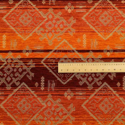 Bengal Kilim Aztec Pattern Collection In Soft Chenille Orange Burgundy Colour Upholstery Fabric CTR-292 - Made To Measure Curtains