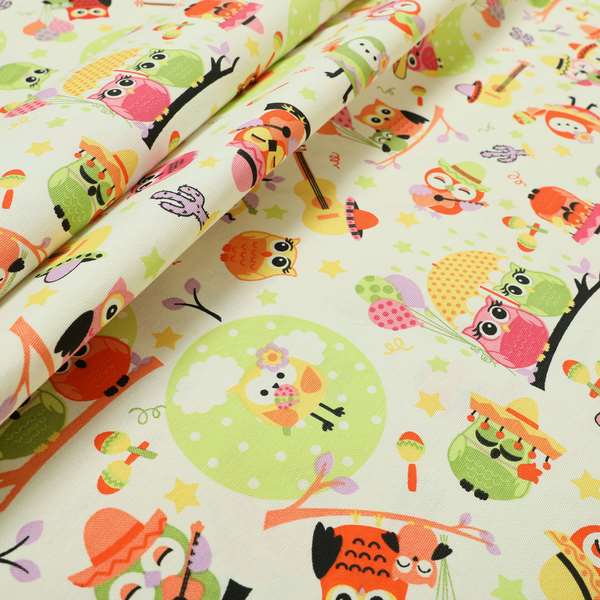 Playtime Printed Cotton Fabrics Collection Multi Colourd Owl Pattern Water Repellent Upholstery Fabric CTR-299 - Handmade Cushions
