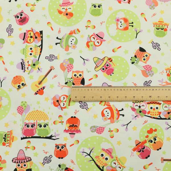 Playtime Printed Cotton Fabrics Collection Multi Colourd Owl Pattern Water Repellent Upholstery Fabric CTR-299 - Roman Blinds