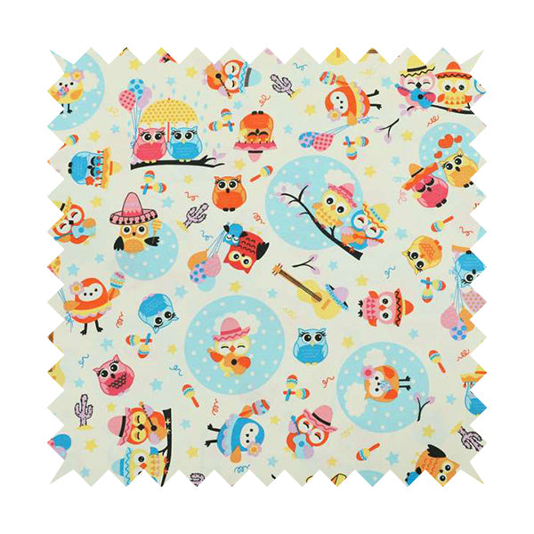 Playtime Printed Cotton Fabrics Collection Blue Colour Owl Pattern Water Repellent Upholstery Fabric CTR-300 - Roman Blinds