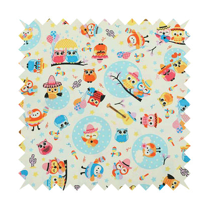 Playtime Printed Cotton Fabrics Collection Blue Colour Owl Pattern Water Repellent Upholstery Fabric CTR-300 - Made To Measure Curtains