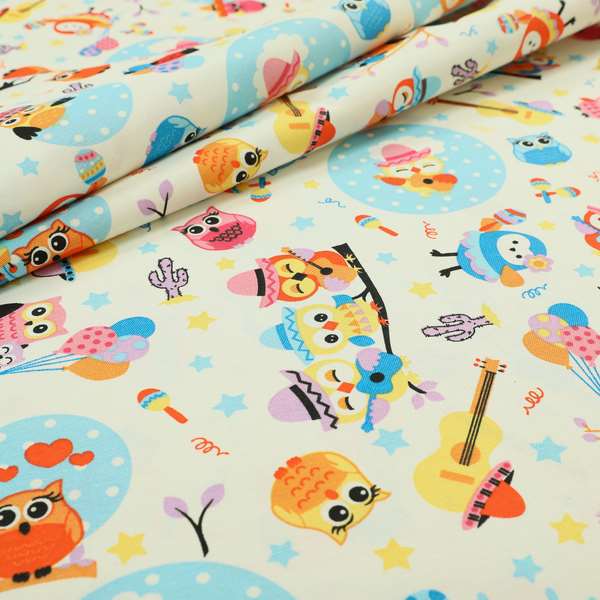 Playtime Printed Cotton Fabrics Collection Blue Colour Owl Pattern Water Repellent Upholstery Fabric CTR-300 - Roman Blinds