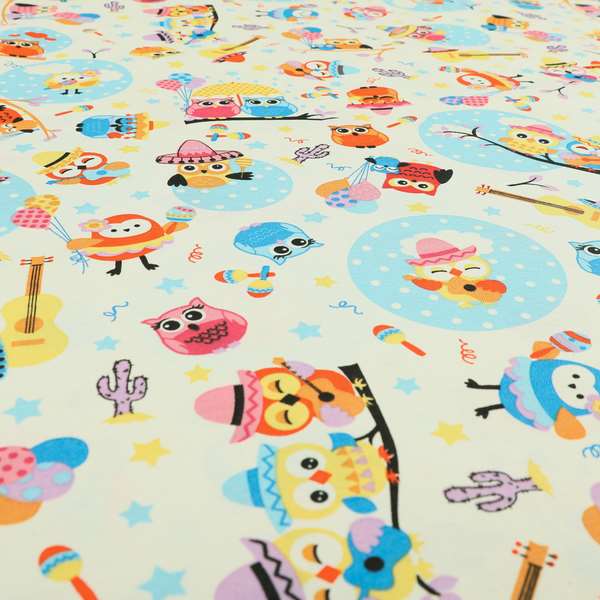 Playtime Printed Cotton Fabrics Collection Blue Colour Owl Pattern Water Repellent Upholstery Fabric CTR-300 - Handmade Cushions