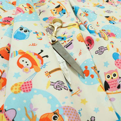 Playtime Printed Cotton Fabrics Collection Blue Colour Owl Pattern Water Repellent Upholstery Fabric CTR-300 - Made To Measure Curtains