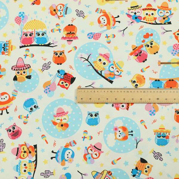 Playtime Printed Cotton Fabrics Collection Blue Colour Owl Pattern Water Repellent Upholstery Fabric CTR-300 - Roman Blinds