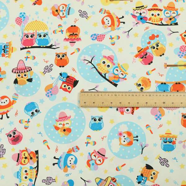 Playtime Printed Cotton Fabrics Collection Blue Colour Owl Pattern Water Repellent Upholstery Fabric CTR-300 - Handmade Cushions