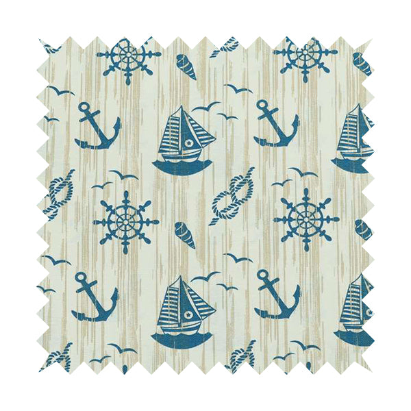 Playtime Printed Velour Fabrics Collection Blue Colour Boat Seaside Pattern Upholstery Fabric CTR-301 - Roman Blinds