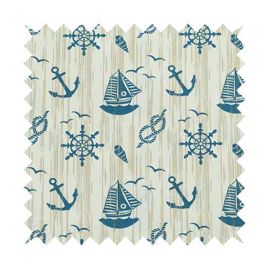Playtime Printed Velour Fabrics Collection Blue Colour Boat Seaside Pattern Upholstery Fabric CTR-301