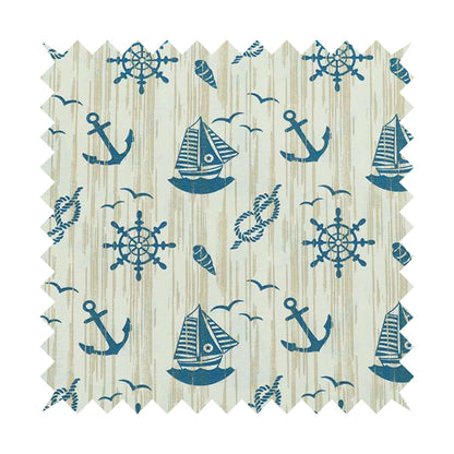 Playtime Printed Velour Fabrics Collection Blue Colour Boat Seaside Pattern Upholstery Fabric CTR-301 - Made To Measure Curtains