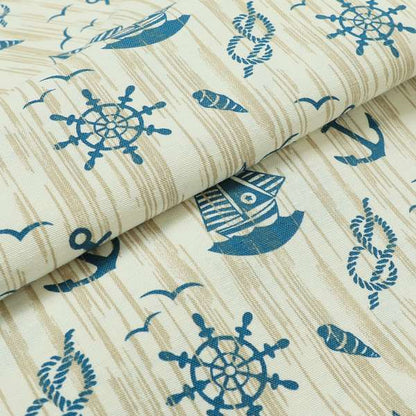 Playtime Printed Velour Fabrics Collection Blue Colour Boat Seaside Pattern Upholstery Fabric CTR-301 - Made To Measure Curtains