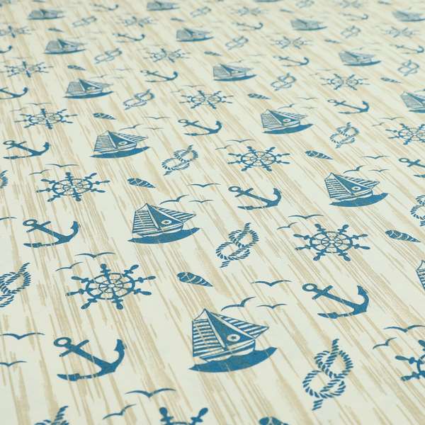 Playtime Printed Velour Fabrics Collection Blue Colour Boat Seaside Pattern Upholstery Fabric CTR-301 - Made To Measure Curtains