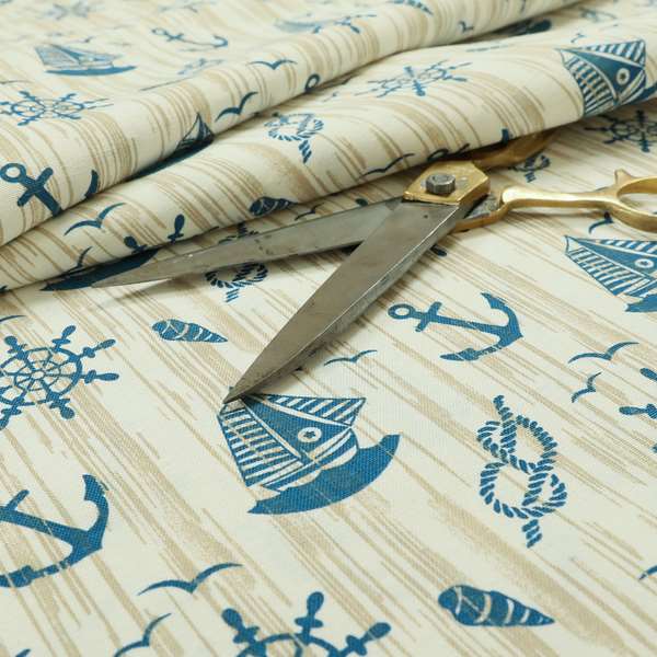 Playtime Printed Velour Fabrics Collection Blue Colour Boat Seaside Pattern Upholstery Fabric CTR-301 - Made To Measure Curtains