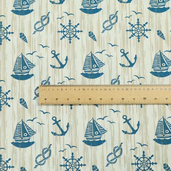 Playtime Printed Velour Fabrics Collection Blue Colour Boat Seaside Pattern Upholstery Fabric CTR-301 - Roman Blinds