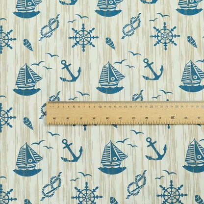 Playtime Printed Velour Fabrics Collection Blue Colour Boat Seaside Pattern Upholstery Fabric CTR-301 - Made To Measure Curtains