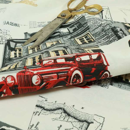 Playtime Printed Cotton Fabrics Collection Black Red Colour Vintage Car Pattern Water Repellent Upholstery Fabric CTR-305 - Handmade Cushions