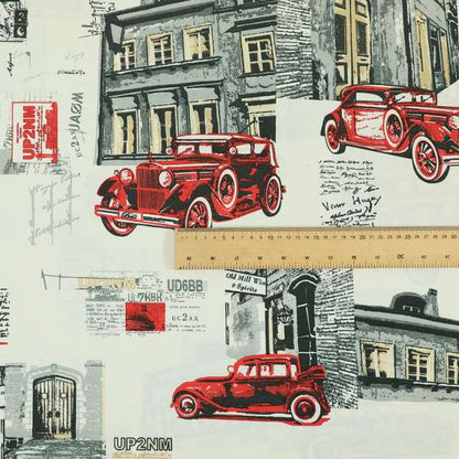 Playtime Printed Cotton Fabrics Collection Black Red Colour Vintage Car Pattern Water Repellent Upholstery Fabric CTR-305 - Made To Measure Curtains