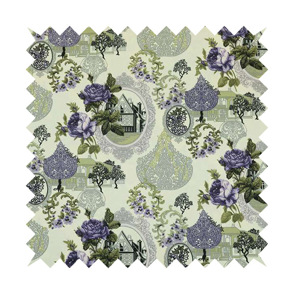 Playtime Printed Cotton Fabrics Collection Purple Grey Colour Oriental Floral Pattern Water Repellent Upholstery Fabric CTR-306 - Made To Measure Curtains