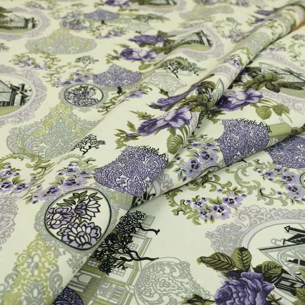 Playtime Printed Cotton Fabrics Collection Purple Grey Colour Oriental Floral Pattern Water Repellent Upholstery Fabric CTR-306 - Roman Blinds