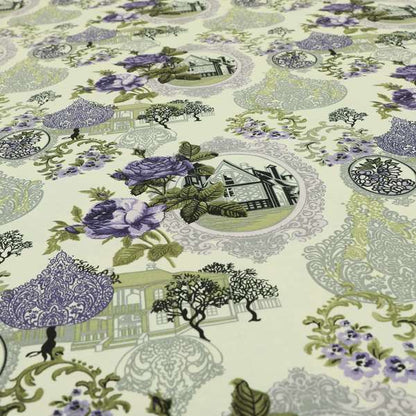 Playtime Printed Cotton Fabrics Collection Purple Grey Colour Oriental Floral Pattern Water Repellent Upholstery Fabric CTR-306 - Roman Blinds