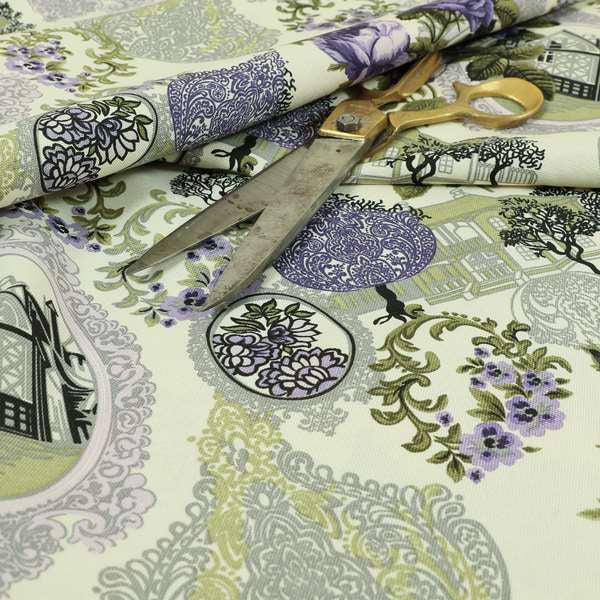 Playtime Printed Cotton Fabrics Collection Purple Grey Colour Oriental Floral Pattern Water Repellent Upholstery Fabric CTR-306 - Made To Measure Curtains