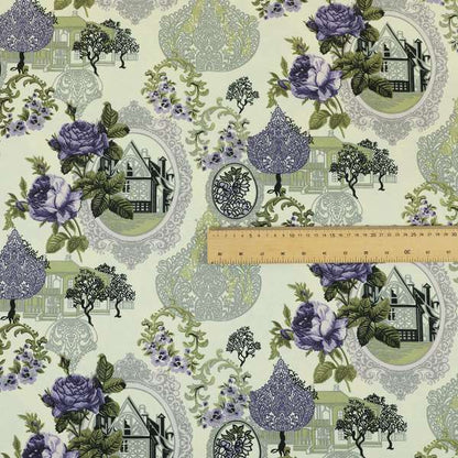 Playtime Printed Cotton Fabrics Collection Purple Grey Colour Oriental Floral Pattern Water Repellent Upholstery Fabric CTR-306 - Roman Blinds