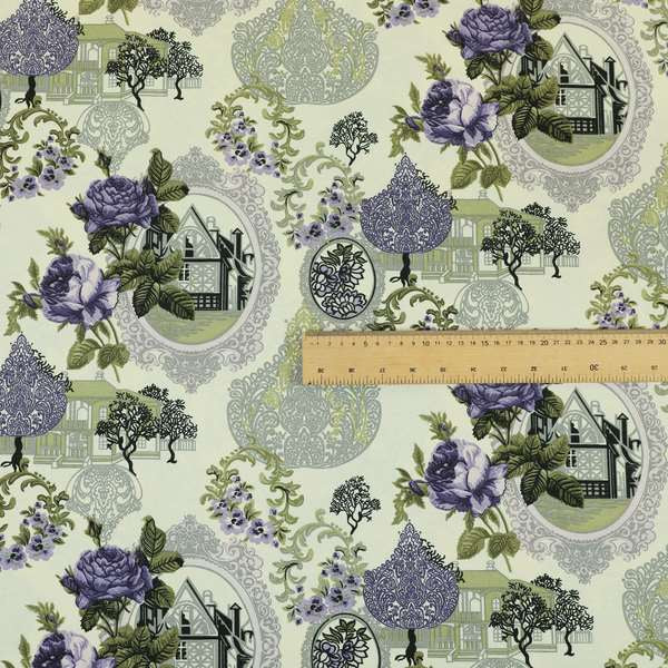 Playtime Printed Cotton Fabrics Collection Purple Grey Colour Oriental Floral Pattern Water Repellent Upholstery Fabric CTR-306 - Made To Measure Curtains