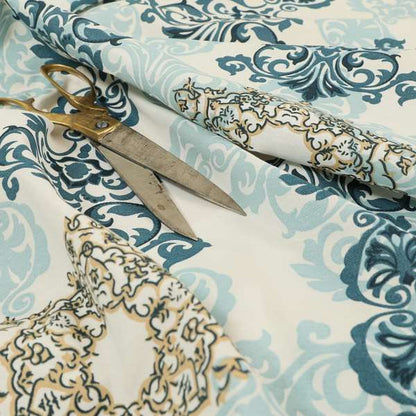 Playtime Printed Cotton Fabrics Collection Blue Colour Damask Pattern Water Repellent Upholstery Fabric CTR-309 - Roman Blinds