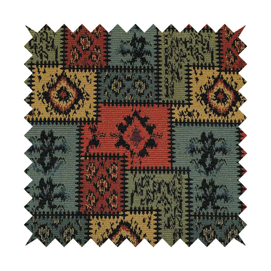 Jayapura Collection Of Kilim Patchwork Heavyweight Chenille Black Multi Colour Upholstery Fabric CTR-324