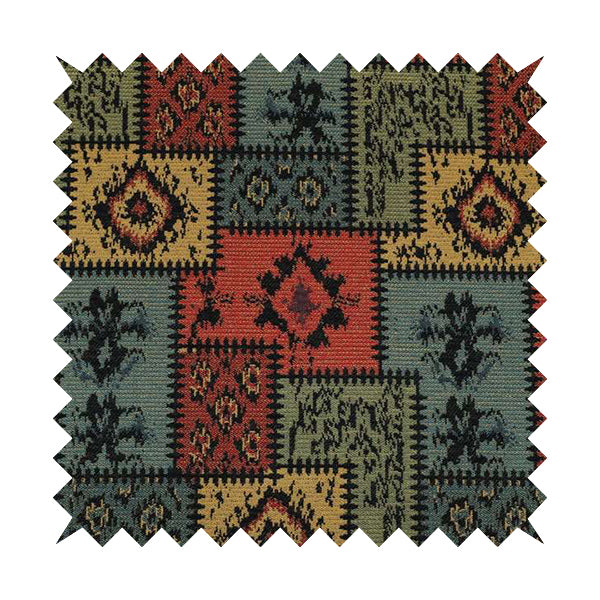 Jayapura Collection Of Kilim Patchwork Heavyweight Chenille Black Multi Colour Upholstery Fabric CTR-324 - Made To Measure Curtains