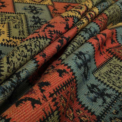 Jayapura Collection Of Kilim Patchwork Heavyweight Chenille Black Multi Colour Upholstery Fabric CTR-324 - Made To Measure Curtains