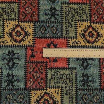 Jayapura Collection Of Kilim Patchwork Heavyweight Chenille Black Multi Colour Upholstery Fabric CTR-324 - Made To Measure Curtains