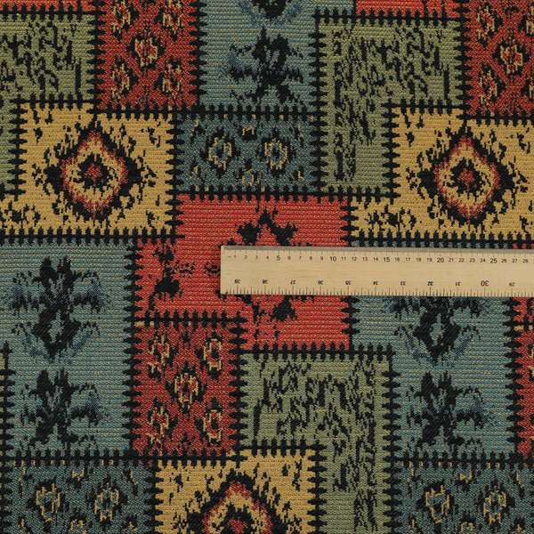 Jayapura Collection Of Kilim Patchwork Heavyweight Chenille Black Multi Colour Upholstery Fabric CTR-324