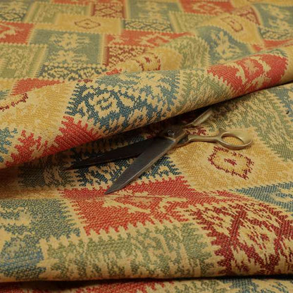 Jayapura Collection Of Kilim Patchwork Heavyweight Chenille Yellow Multi Colour Upholstery Fabric CTR-325 - Made To Measure Curtains