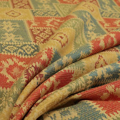 Jayapura Collection Of Kilim Patchwork Heavyweight Chenille Yellow Multi Colour Upholstery Fabric CTR-325 - Made To Measure Curtains