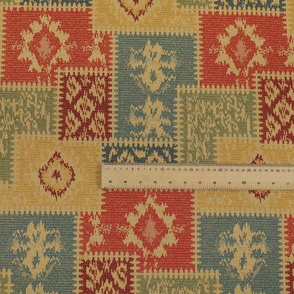 Jayapura Collection Of Kilim Patchwork Heavyweight Chenille Yellow Multi Colour Upholstery Fabric CTR-325 - Roman Blinds