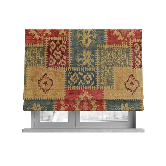 Jayapura Collection Of Kilim Patchwork Heavyweight Chenille Yellow Multi Colour Upholstery Fabric CTR-325 - Roman Blinds
