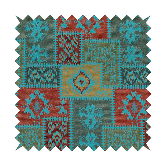 Jayapura Collection Of Kilim Patchwork Heavyweight Chenille Teal Blue Multi Colour Upholstery Fabric CTR-326