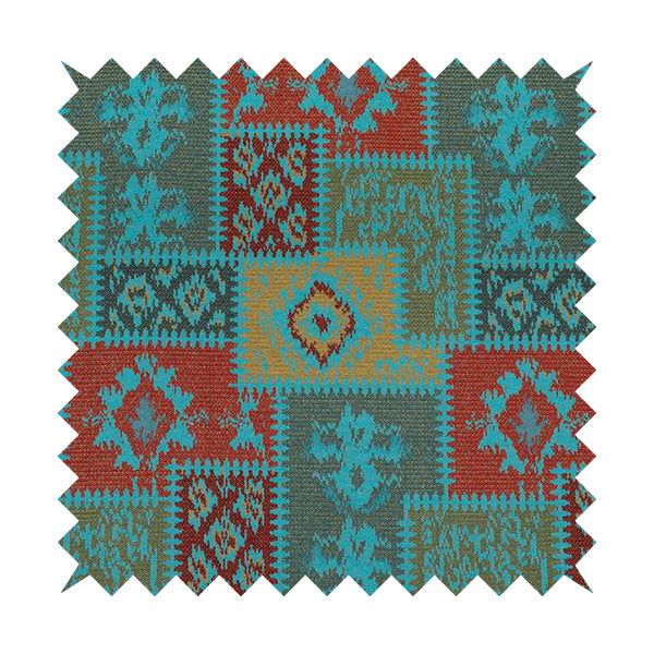 Jayapura Collection Of Kilim Patchwork Heavyweight Chenille Teal Blue Multi Colour Upholstery Fabric CTR-326 - Made To Measure Curtains