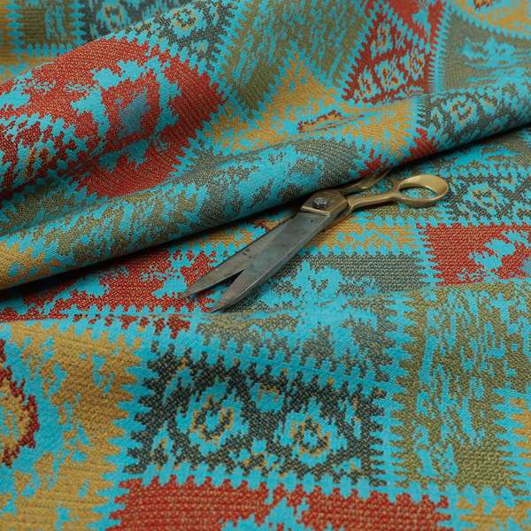 Jayapura Collection Of Kilim Patchwork Heavyweight Chenille Teal Blue Multi Colour Upholstery Fabric CTR-326 - Roman Blinds