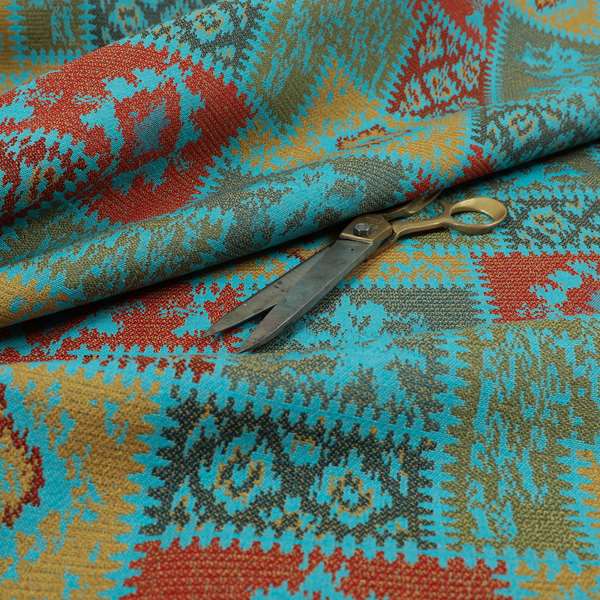 Jayapura Collection Of Kilim Patchwork Heavyweight Chenille Teal Blue Multi Colour Upholstery Fabric CTR-326 - Made To Measure Curtains